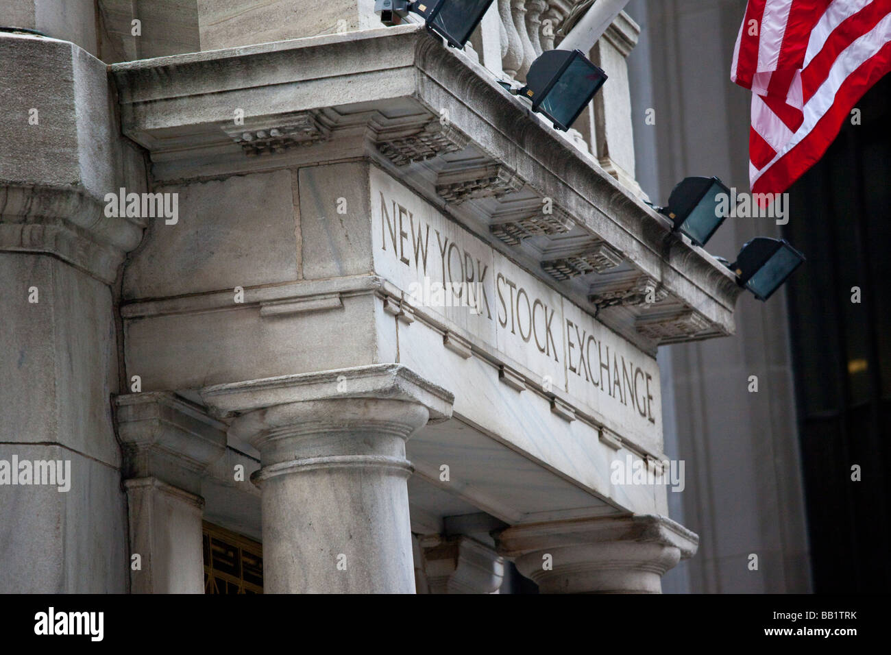 Wall Street Sign in front of the New York Stock Exchange Stock Photo