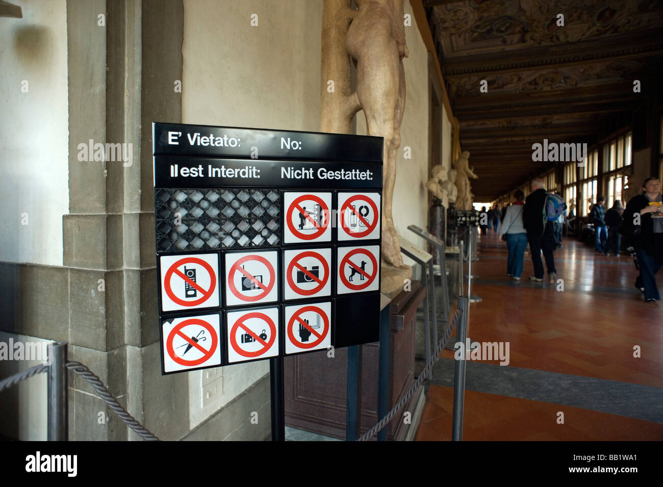 Florence Tuscany Italy The city of the Renaissance Photo shows The Uffizi Gallery Sign banning just about everything Stock Photo