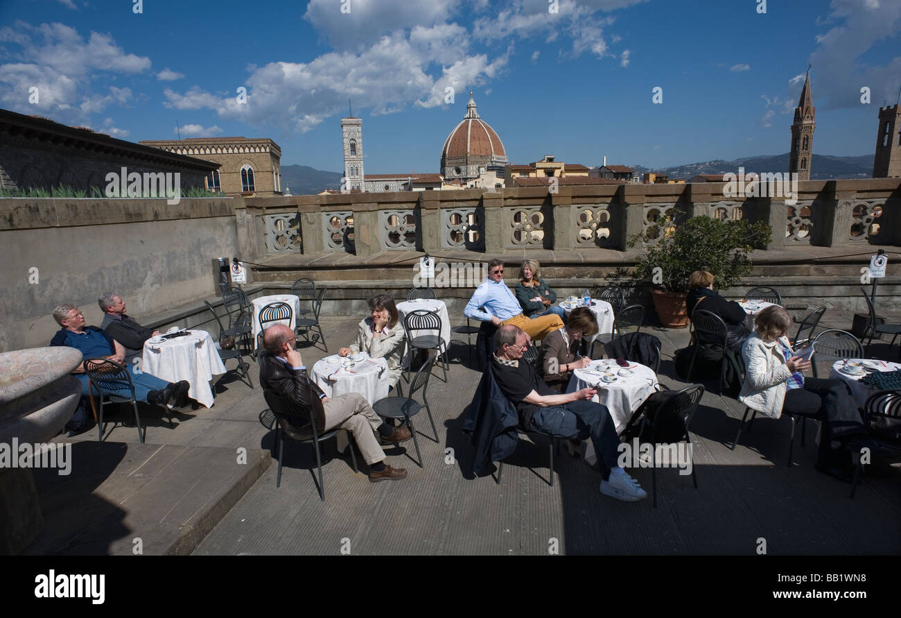 Florence Tuscany Italy The city of the Renaissance Photo shows The Uffizi Gallery roof top cafe bar with the Duomo as a view Stock Photo