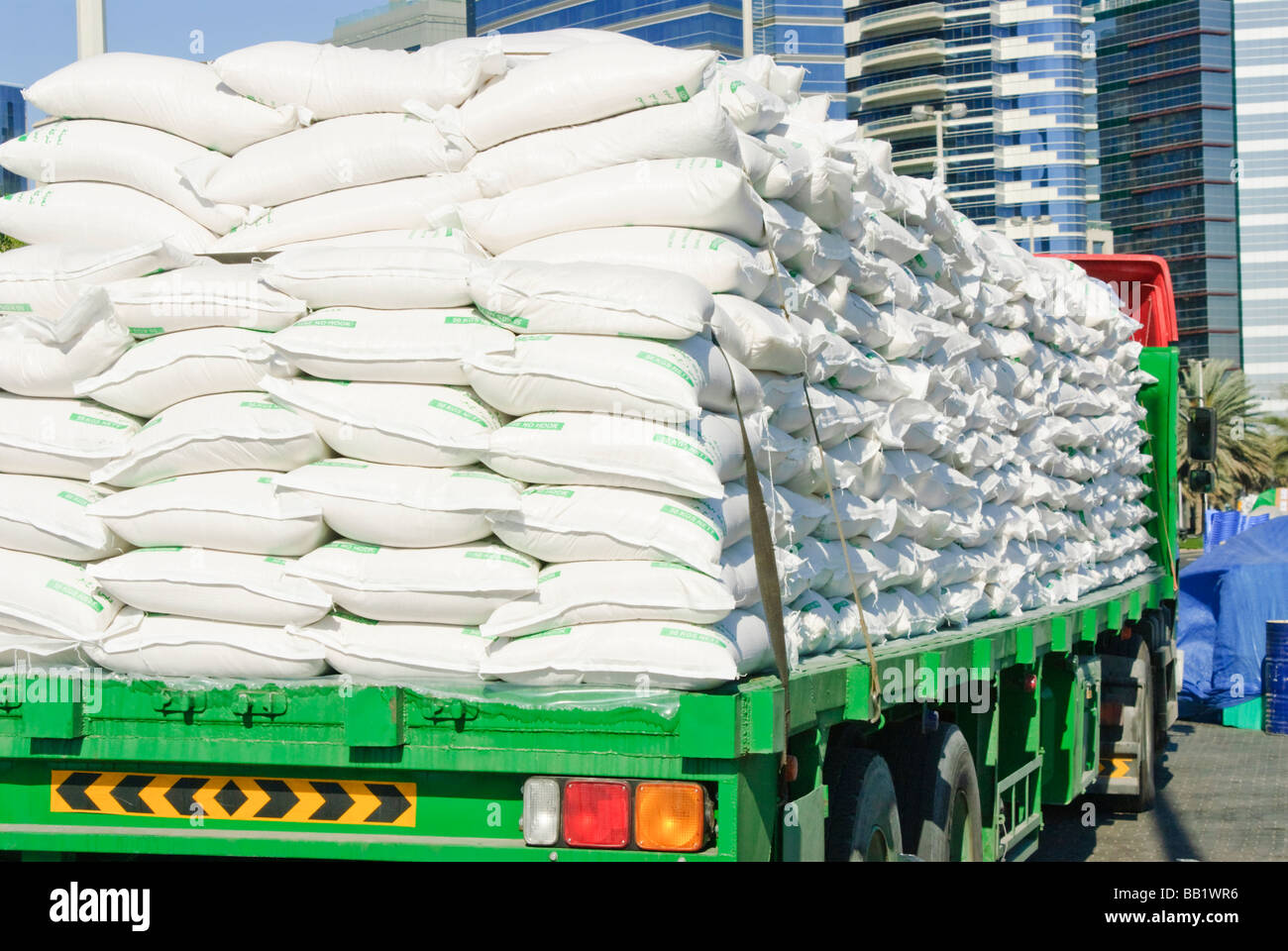 Fertilizer bags on a commercial truck at the old Creek harbor, Dubai