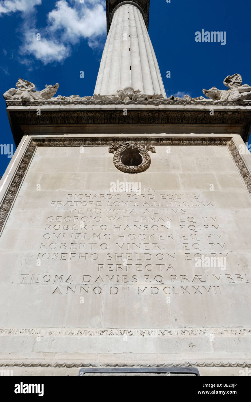 Inscription at the base of The Monument in the City of London England ...