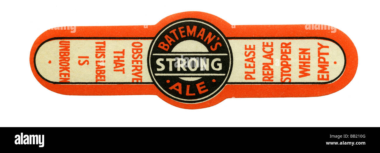 Old British beer stopper label for Bateman's Strong Ale, Wainfleet, Lincolnshire Stock Photo