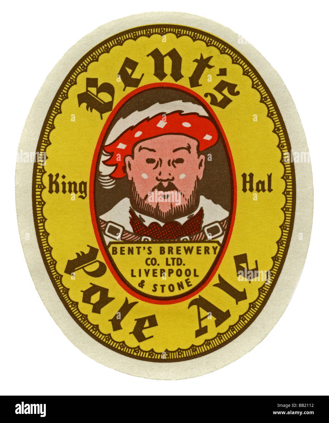 Old British beer label for Bent's King Hal Pale Ale, Liverpool, Lancashire and Stone, Staffordshire Stock Photo