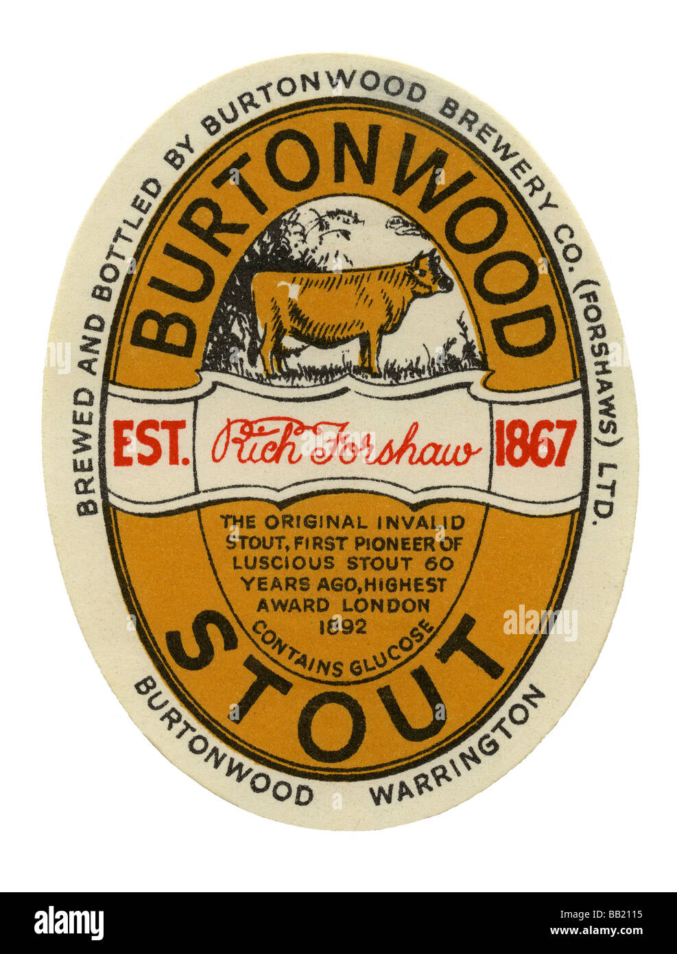 Old British beer label for Burtonwood's Stout, Warrington, Cheshire Stock Photo