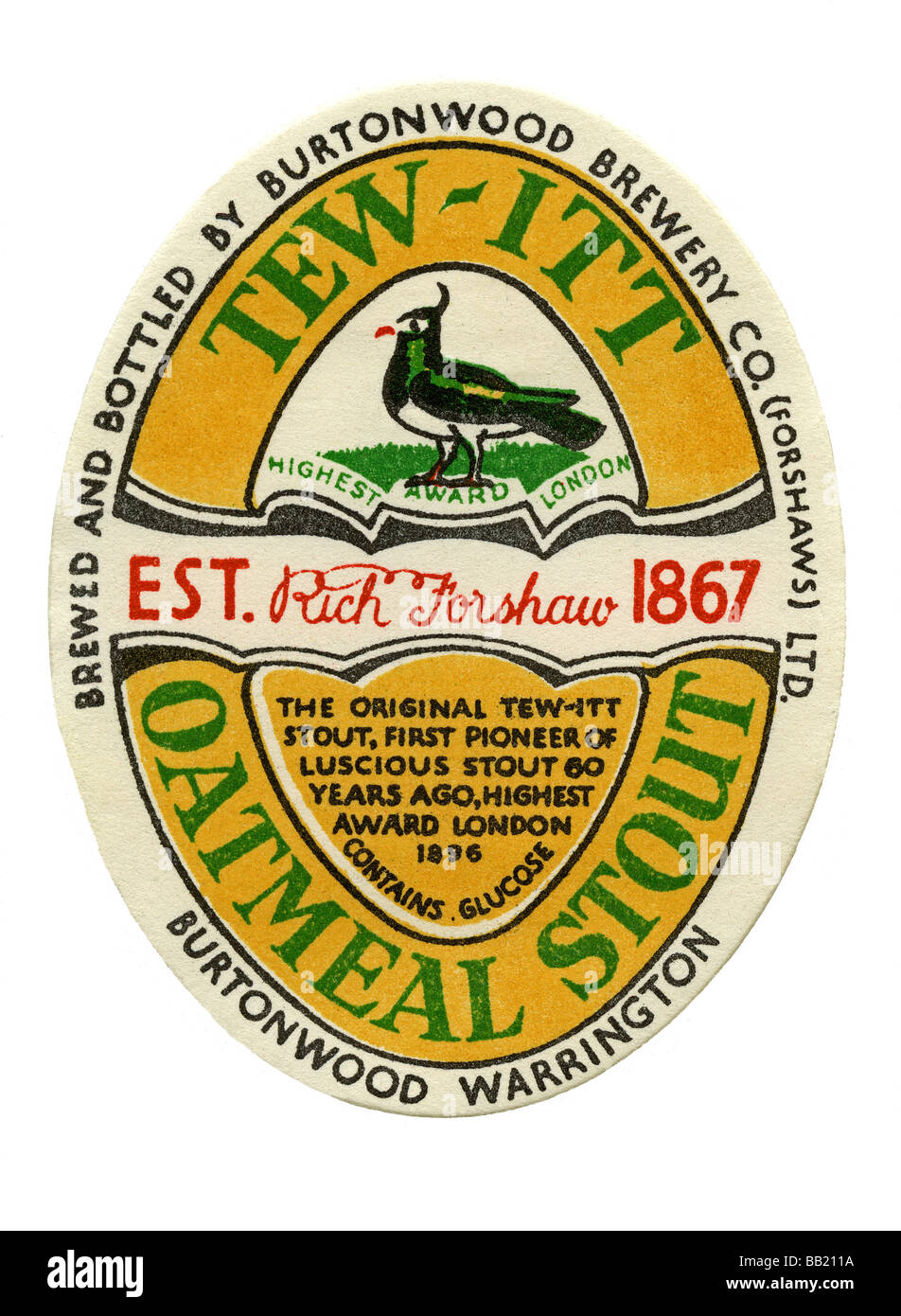 Old British beer label for Burtonwood's Tew-Itt Oatmeal Stout, Warrington, Cheshire Stock Photo