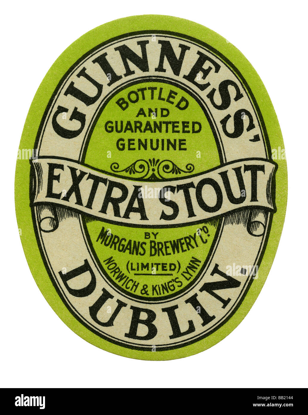 Old Guinness label for Extra Stout, bottled by Morgans Brewery, King's Lynn and Norwich, Norfolk Stock Photo