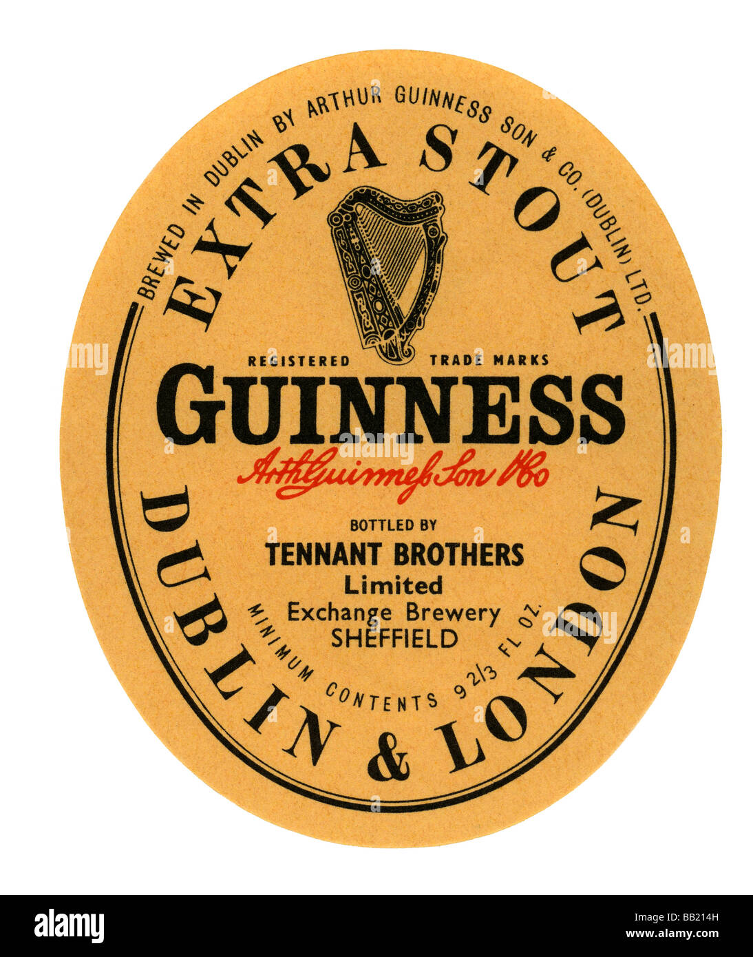 Old Guinness label for Extra Stout, bottled by Tennant Bros of Sheffield, Yorkshire Stock Photo