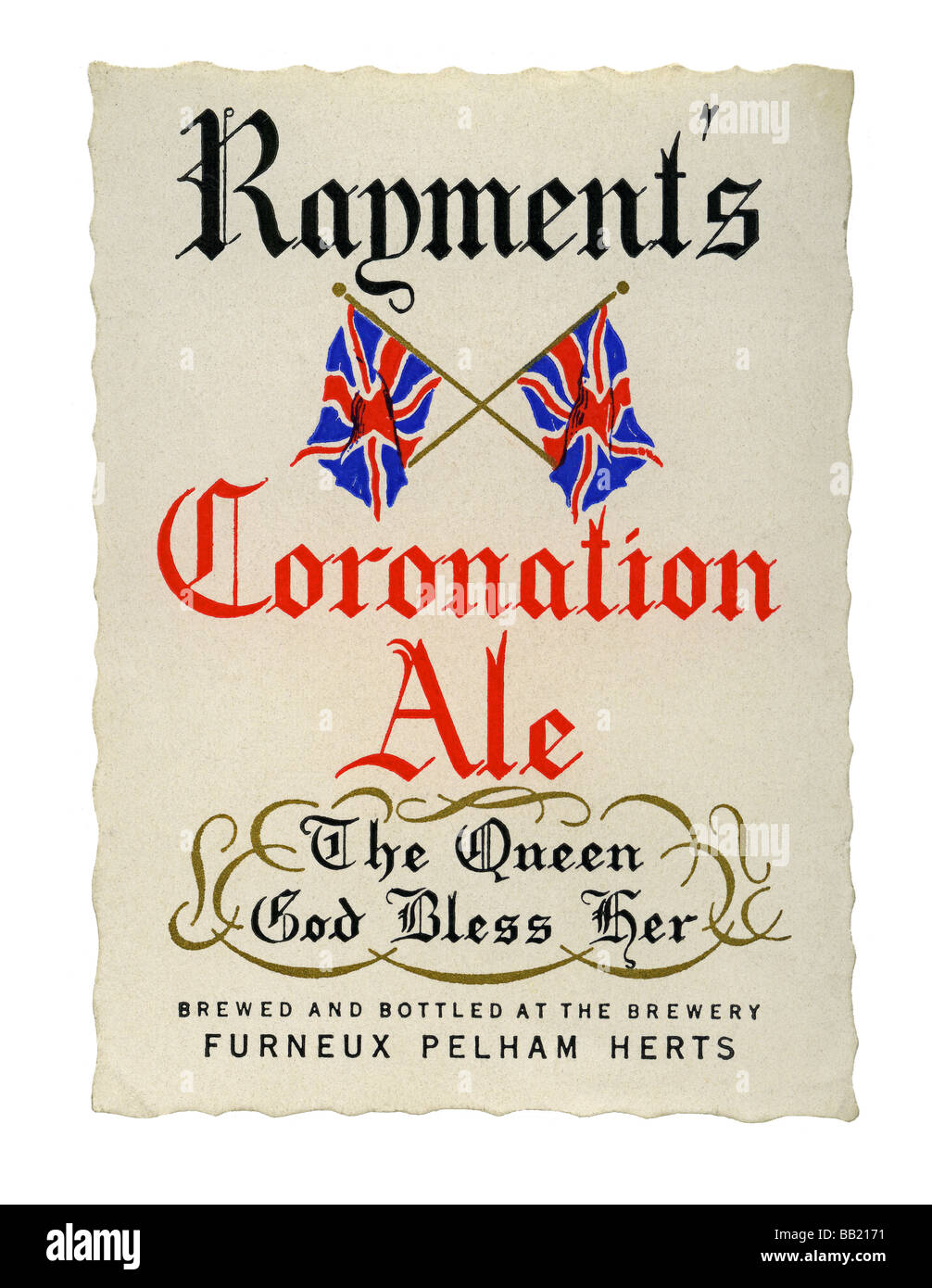 Old British beer label for Rayment's Coronation Ale, Furneux Pelham, Hertfordshire, England, 1953 Stock Photo