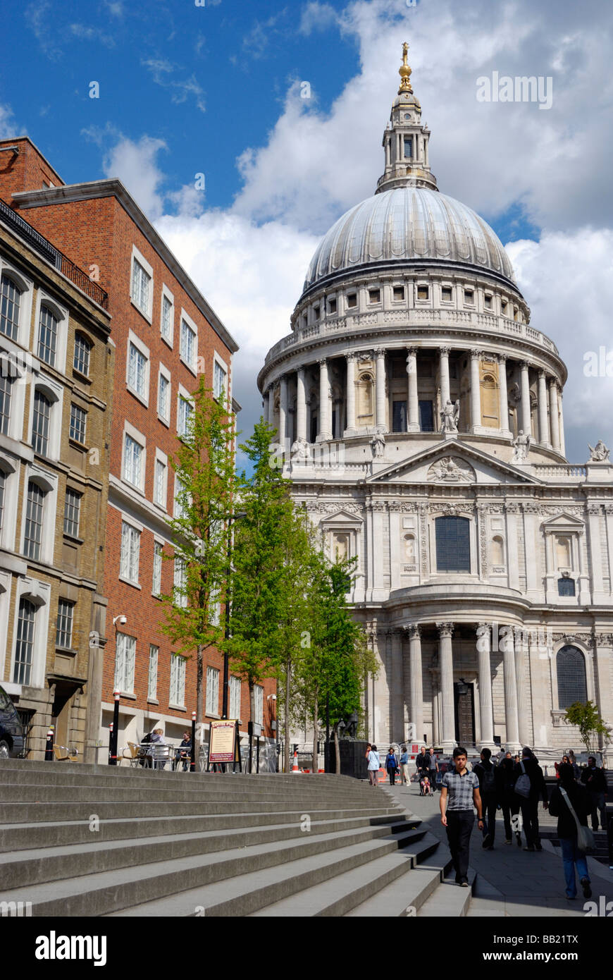 View of St Paul s Cathedral and Peter's Hill steps London England Stock