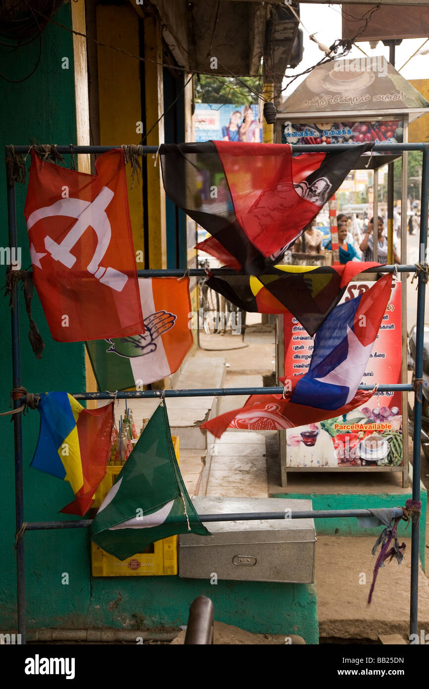 The flags of the political parties contesting the Indian General Election blow in the breeze in Thanjavur in Tamil Nadu, India. Stock Photo