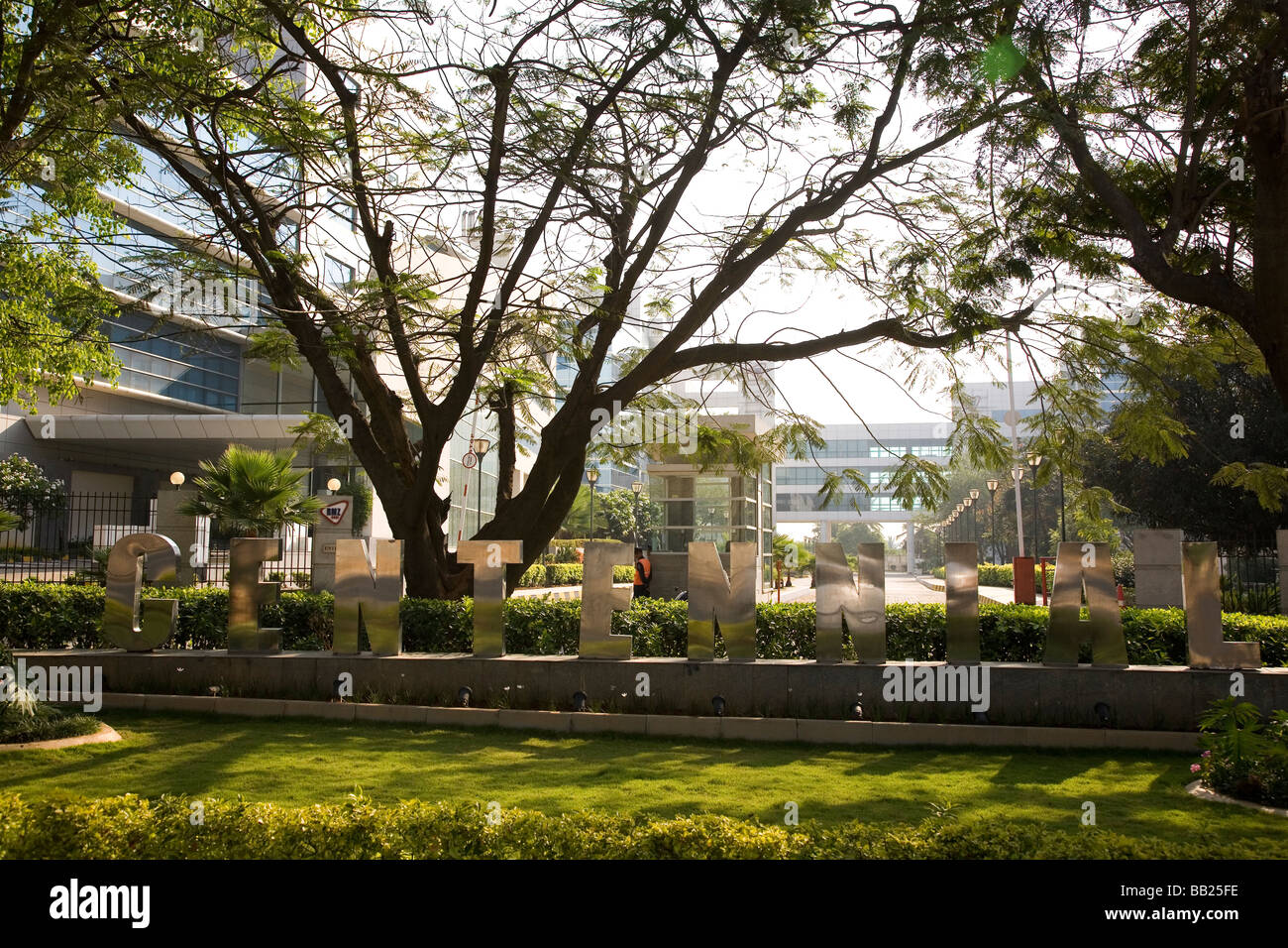 The leafy Centennial Business Park in Whitefield (sometimes written White Field)  a suburb of Bangalore, India. Stock Photo