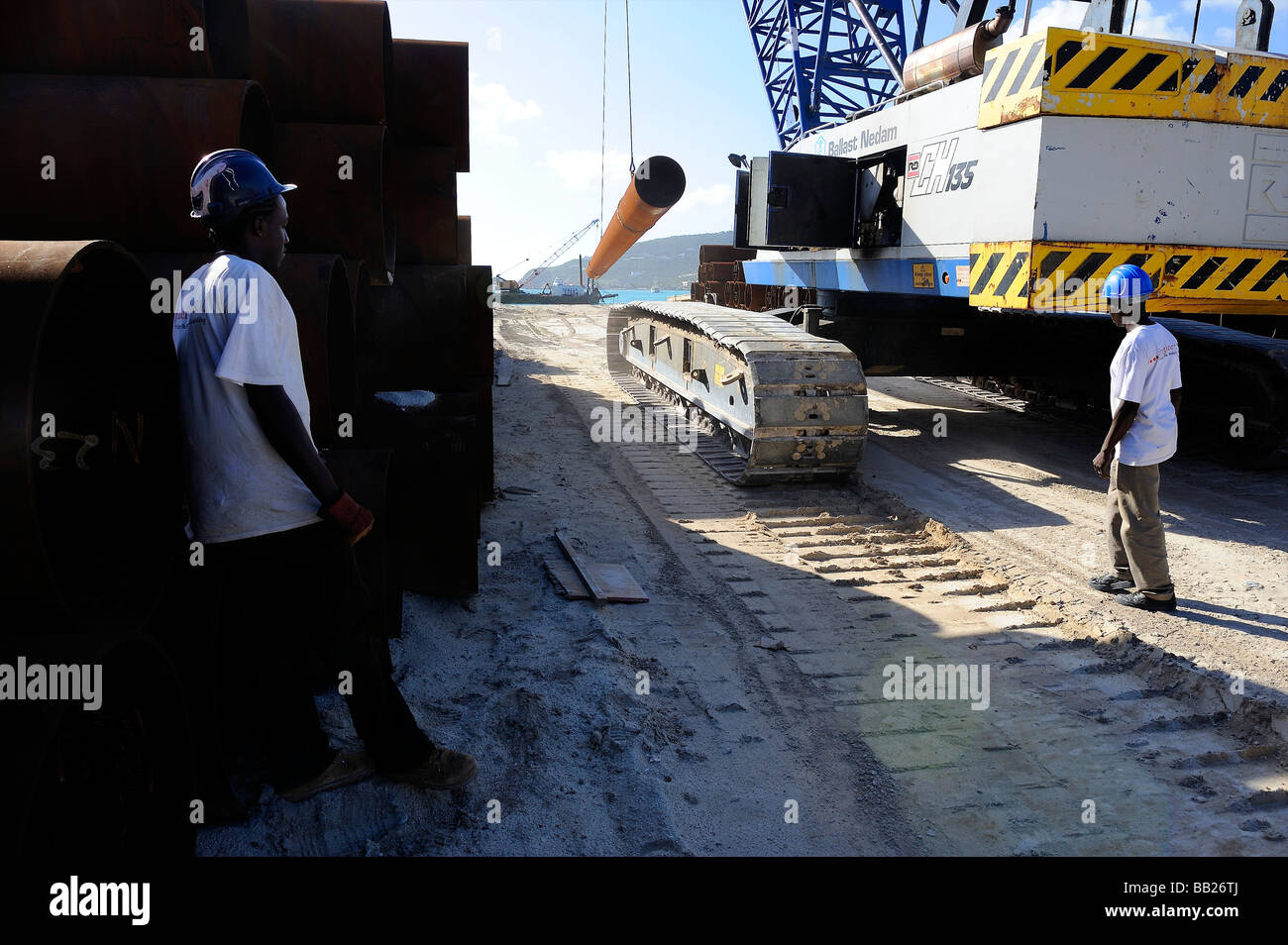 Sint Maarten Philipsburg piles for the new mega cruise ship pier are being moved Stock Photo