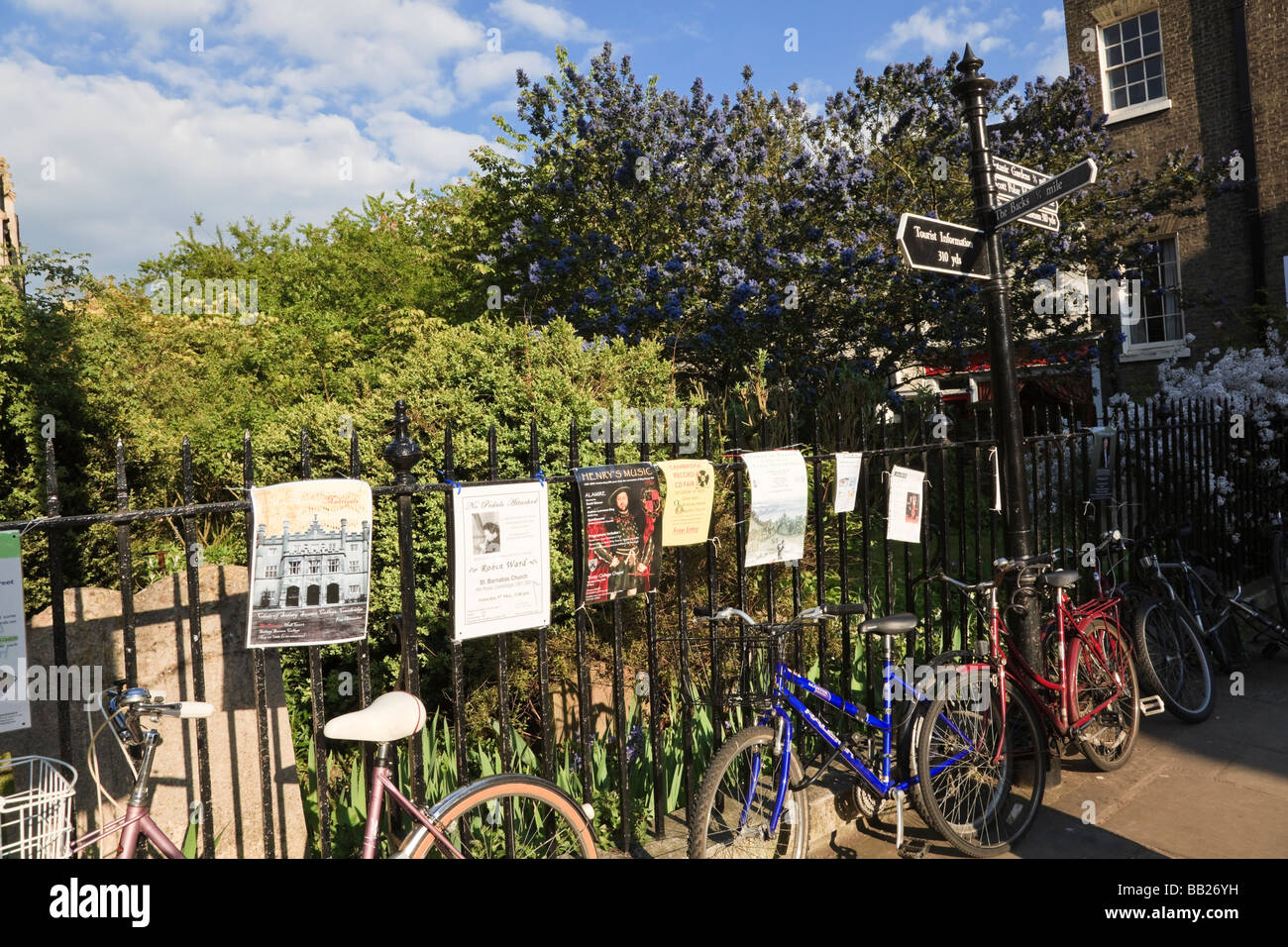 Bikes chained to a St Botolph's churchyard railings with posters of music concerts Trumpington Street Cambridge UK Stock Photo