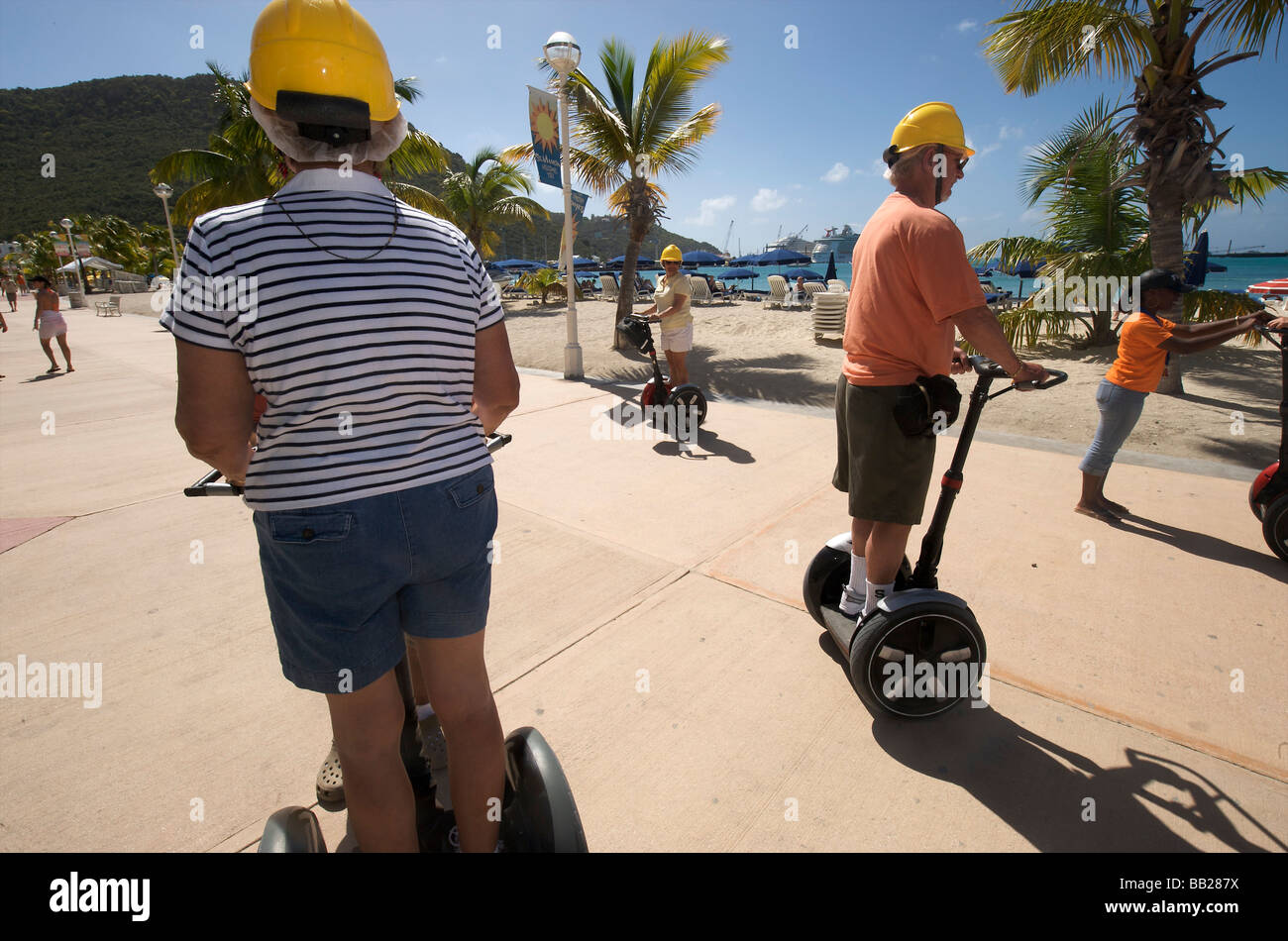 Sint Maarten Philipsburg cruise ship passengers on a Segway excursion on the boardwalk Stock Photo