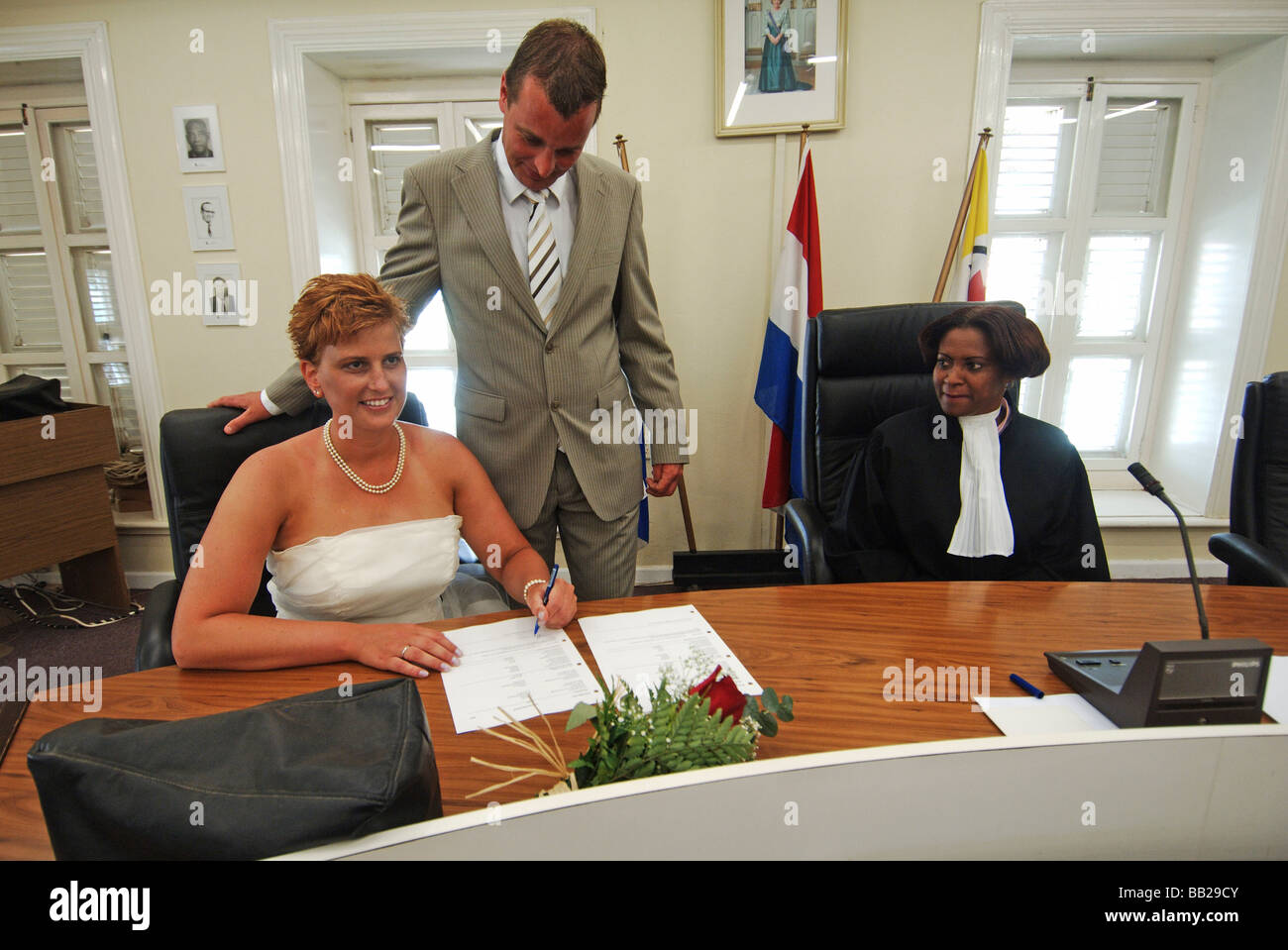 Netherlands Antilles Bonaire Kralendijk wedding ceremony of a Dutch couple in the town hall and government building Stock Photo