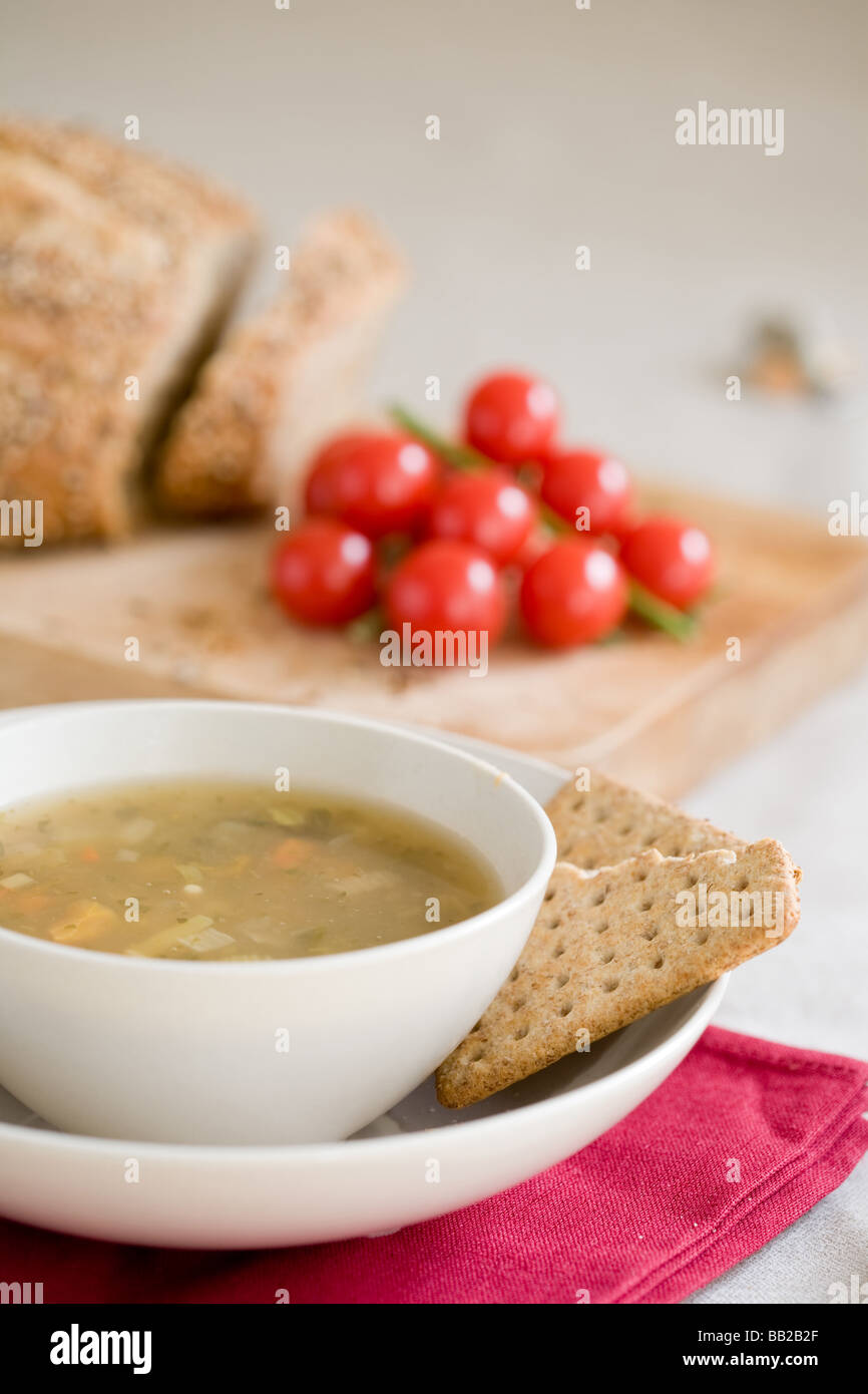 Healthy bowl of vegetable soup with crackers Stock Photo Alamy