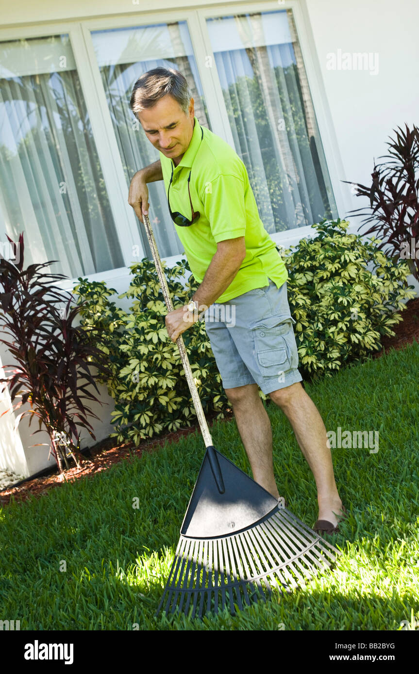 Man raking the lawn Stock Photo Alamy