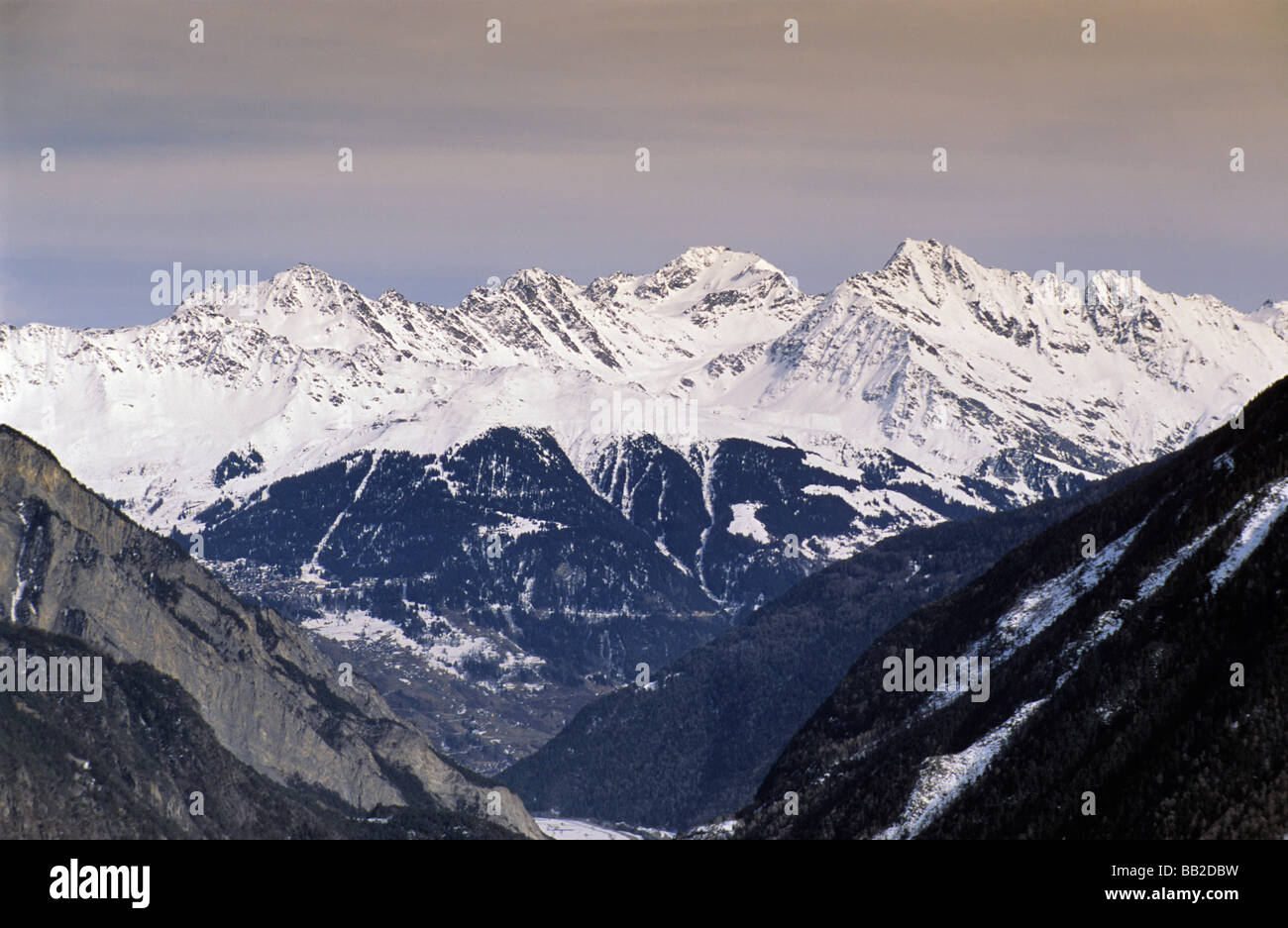 Panorama of Valaisian Alps from Col de la Forclaz in Switzerland Stock Photo