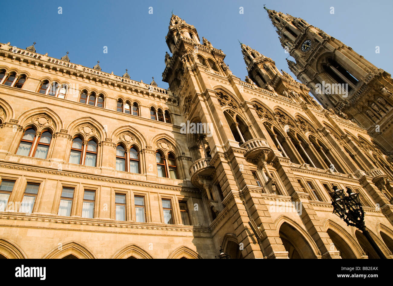 morning sun on the towers and spires of Vienna Rathaus, Austria Stock Photo