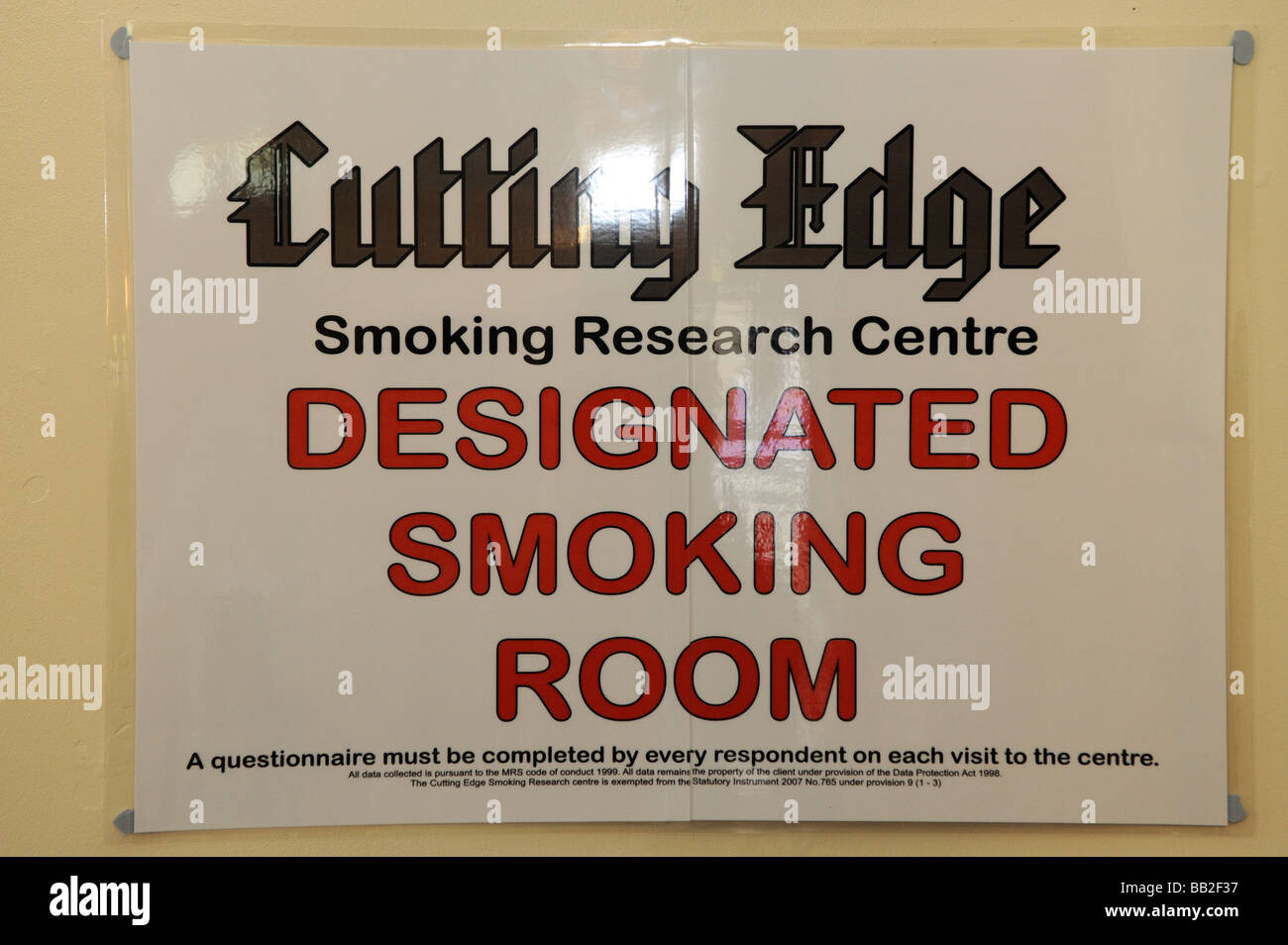 Cutting Edge Pub in Barnsley where customers are allowed to smoke, they have turned a room into a Smoking Research Centre. Stock Photo