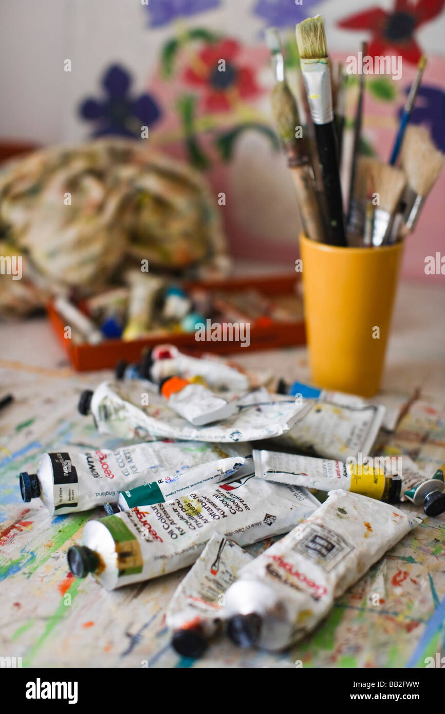 An artists oil paints and brushes Stock Photo