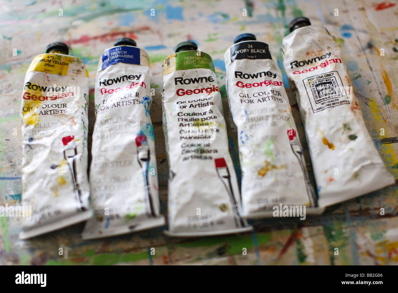 Used Oil paints in an artists studio Stock Photo Alamy