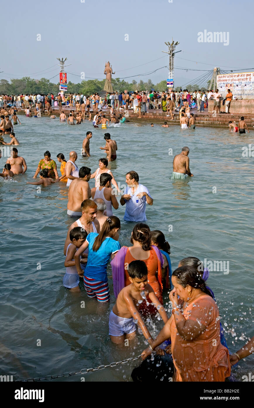 Pilgrims bathing in the Ganges river. Haridwar. Uttarakhand. India Stock Photo