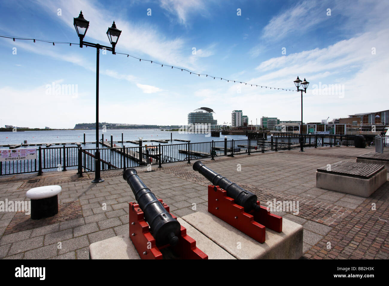 The Cardiff Bay area waterfront with views across the bay towards St David's Hotel and Spa, Cardiff, South Wales, UK Stock Photo