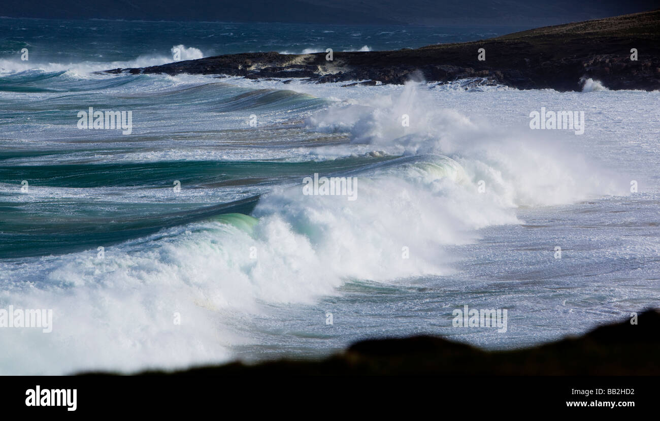 Hebrides Harris Scotland Altlantic coast storm waves stormy sea white horses and spindrift in high winds scotland west coast Stock Photo