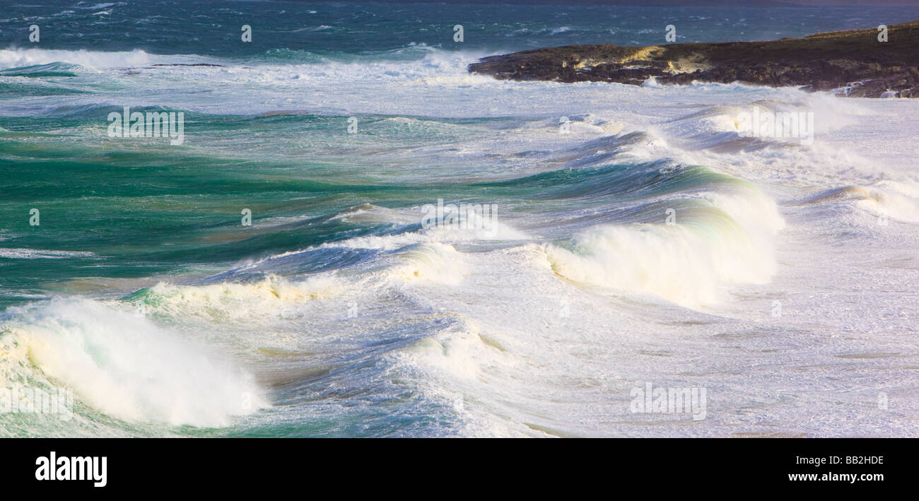 Hebrides Harris Scotland Altlantic coast storm waves stormy sea white horses and spindrift in high winds scotland west coast Stock Photo