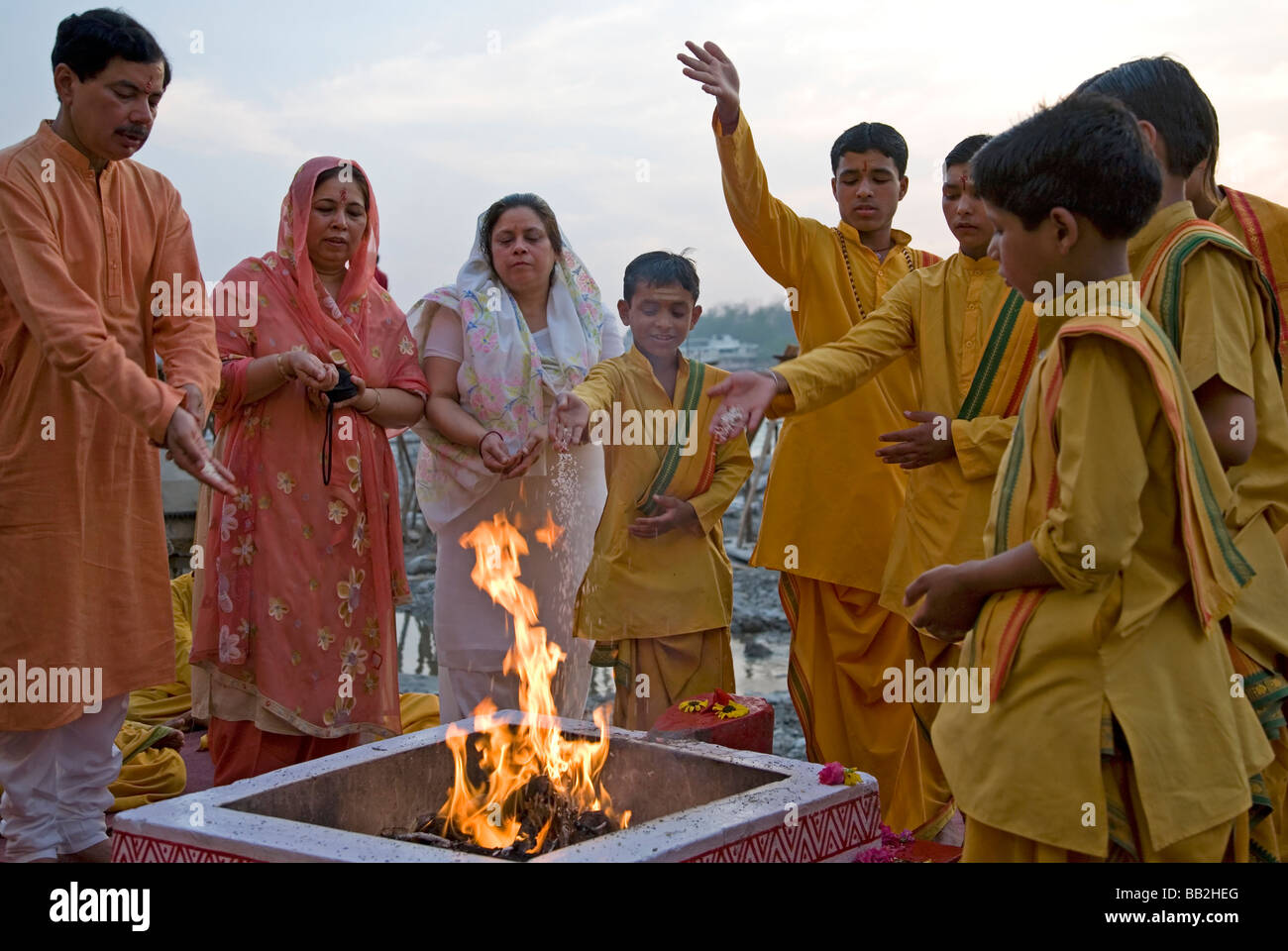 Ganga aarti ceremony. Triveni Ghat.Rishikesh. Uttarakhand. India Stock Photo