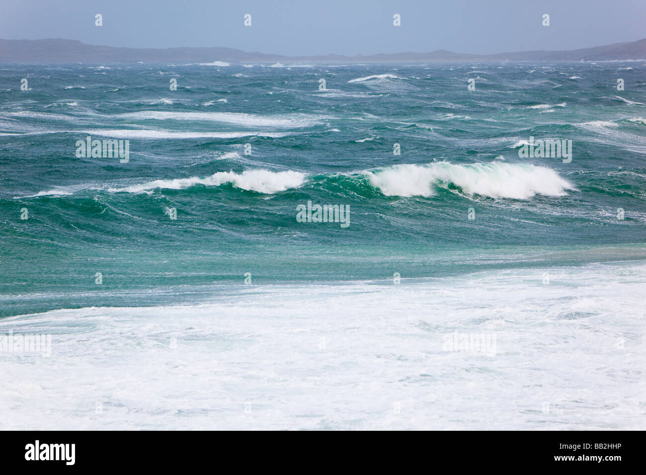 Hebrides Harris Scotland Altlantic coast storm waves stormy sea white horses and spindrift in high winds scotland west coast Stock Photo