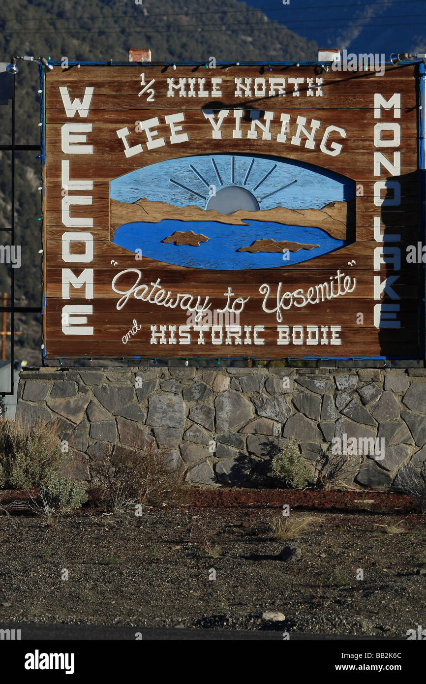 Road sign for the Sierra Nevada town of Lee Vining California USA Stock