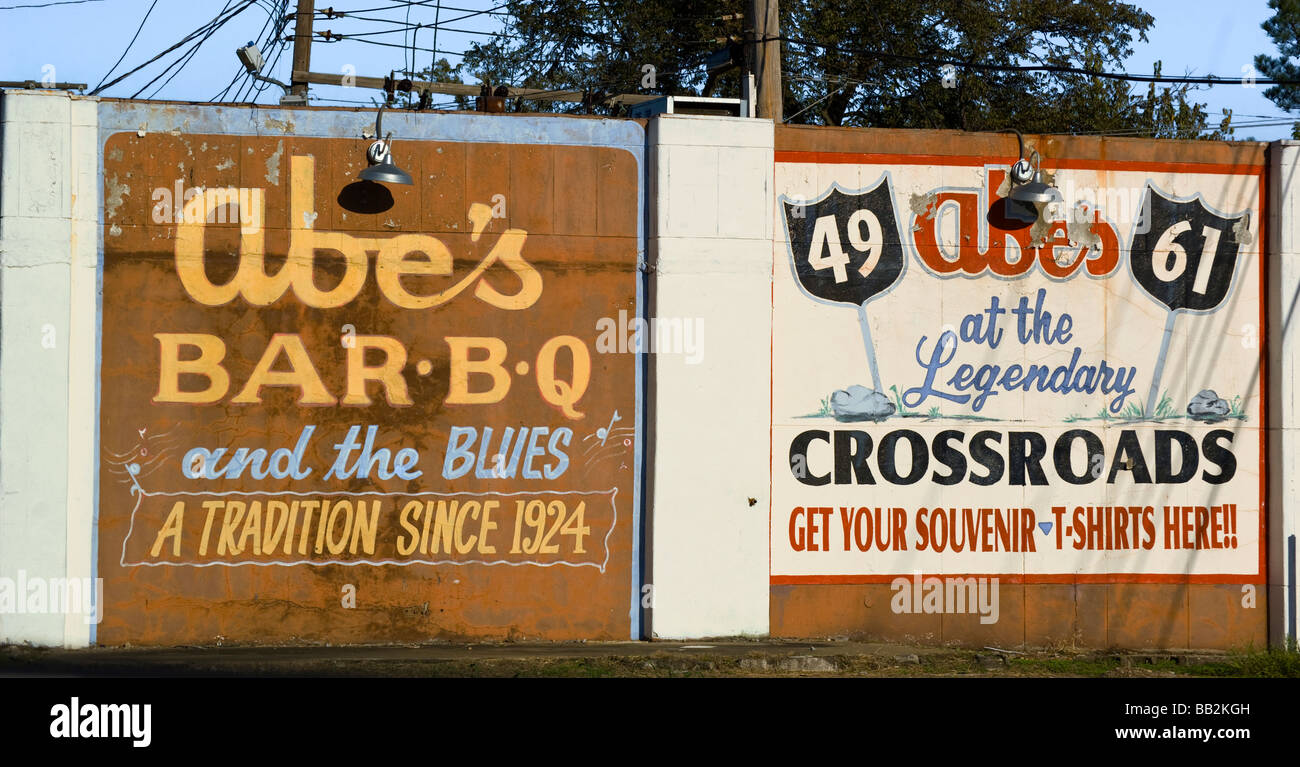 Sign advertising Abe's Bar B Q  and The Crossroads in Clarksdale, Mississippi Stock Photo