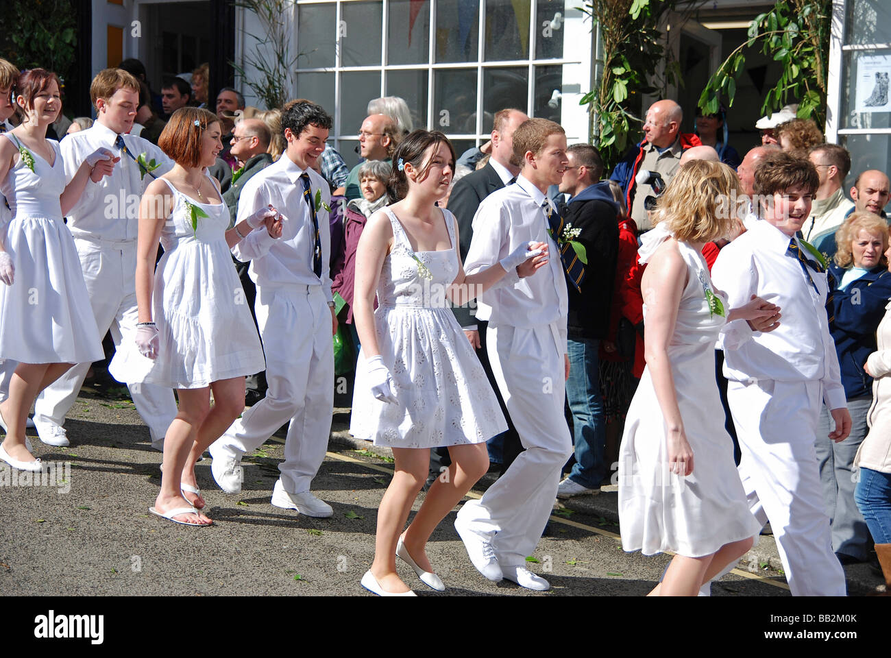 teenagers taking part in the annual flora day celebrations in helston,cornwall,uk Stock Photo