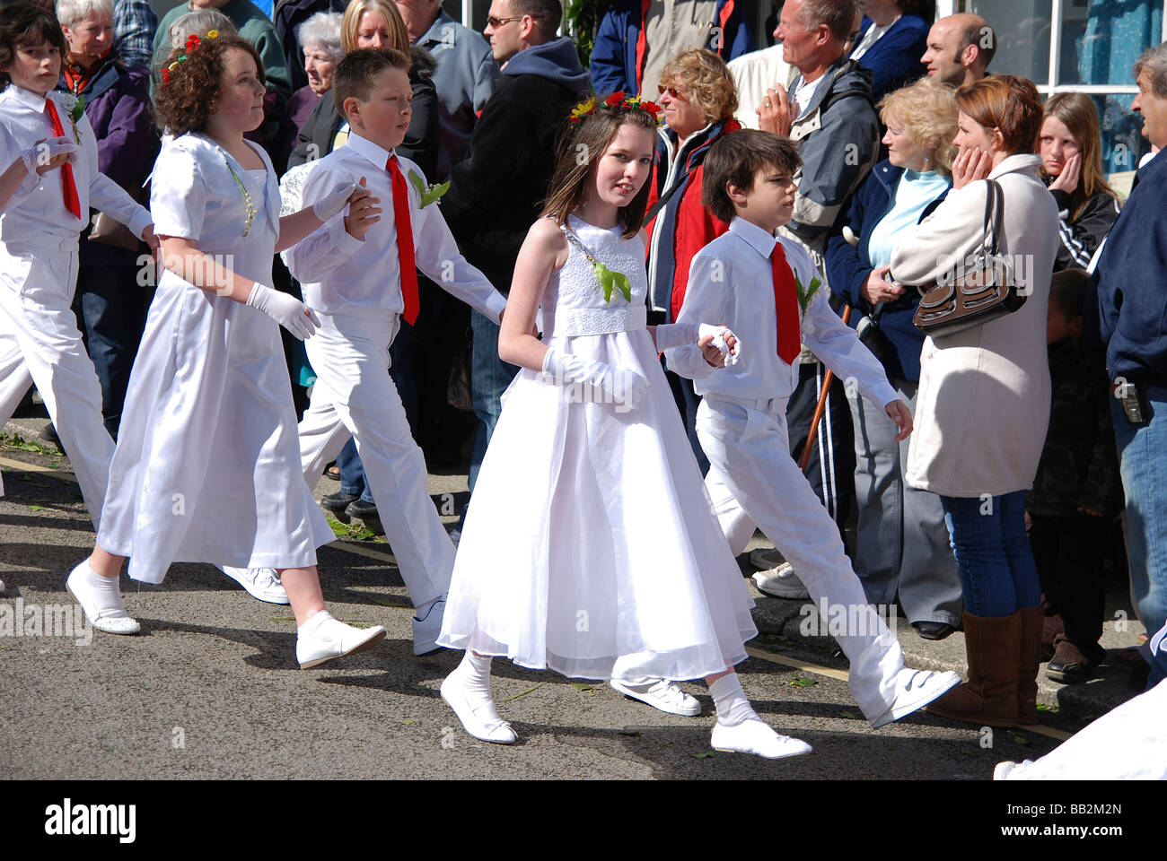 children taking part in the dancing during the helston flora day celebrations,cornwall,uk Stock Photo