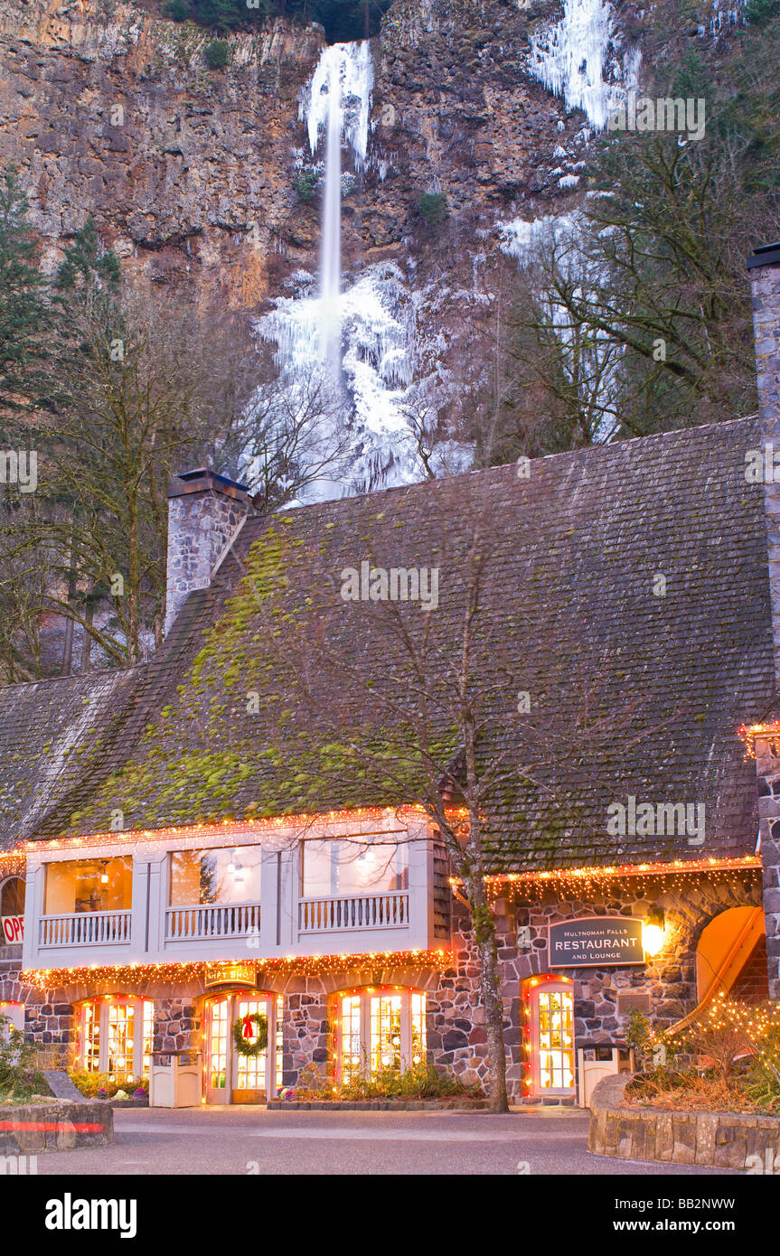 Multnomah Falls and Lodge in Winter; Columbia River Gorge, Oregon, USA ...