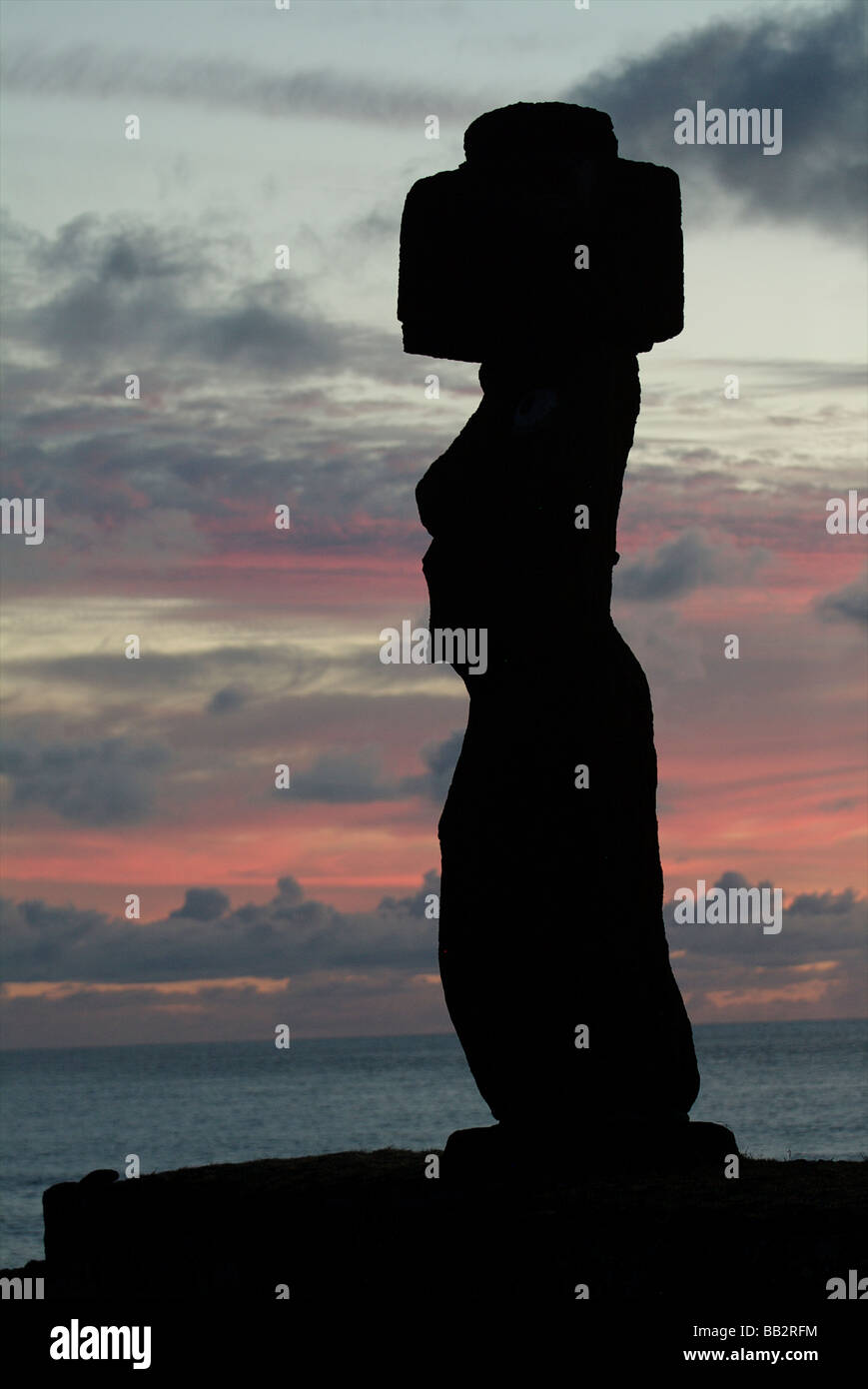 Ahu Ko Te Riku at sunset, Easter Island, Chile. Stock Photo