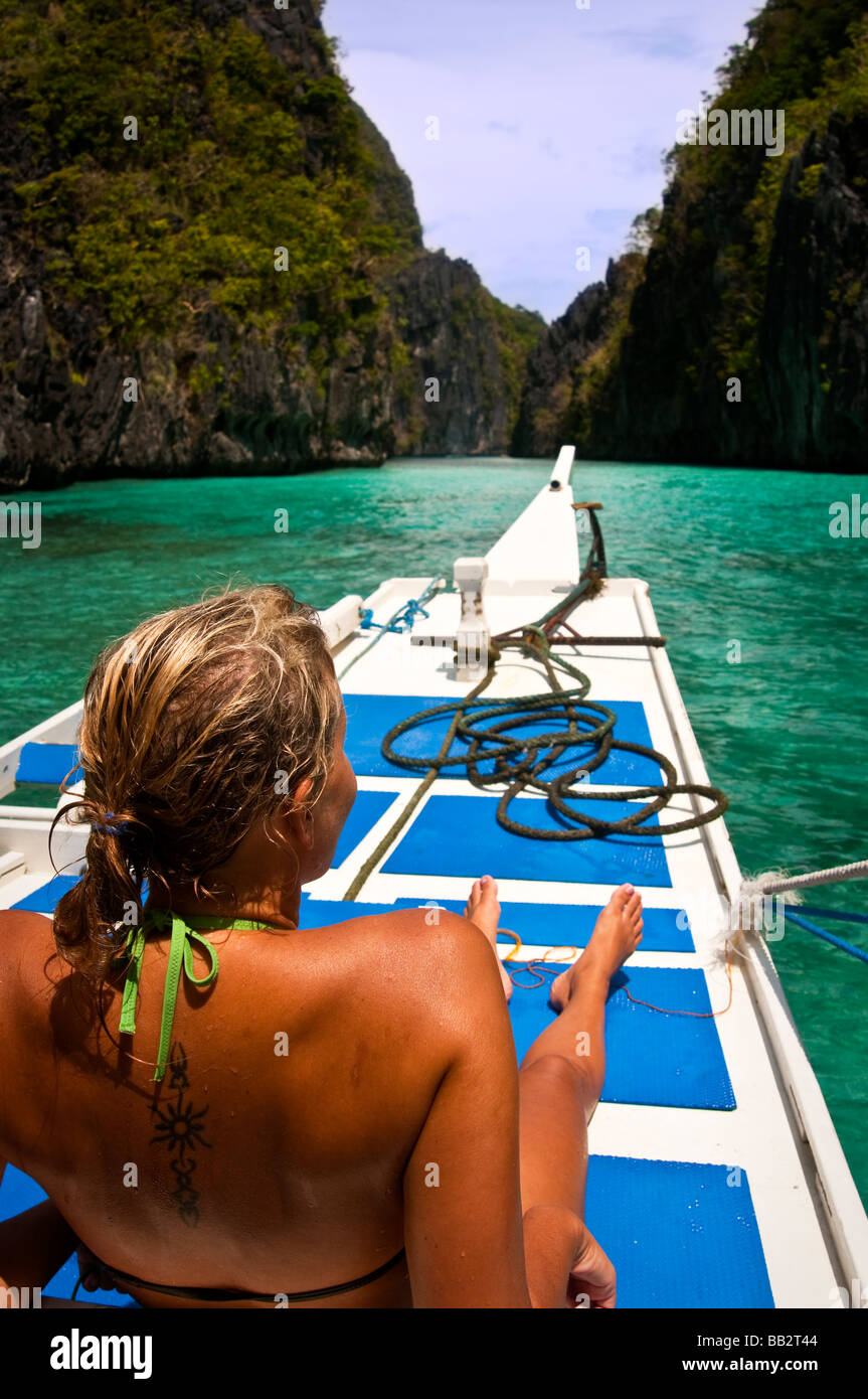 Girl on a boat in the Big Lagoon Stock Photo