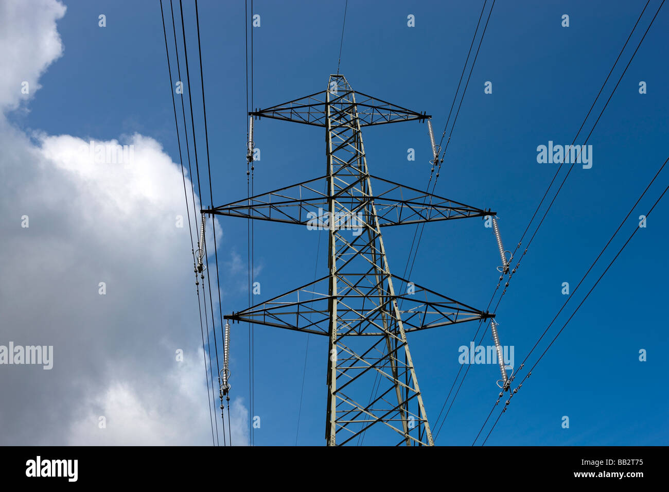 Overhead Electricity Power Line. North Wales. Stock Photo