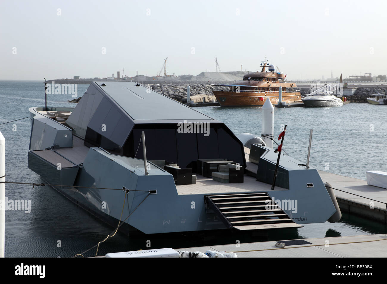 minimalist yacht out of London moored in the Jumeirah Marina Dubai United Arab Emirates Stock Photo