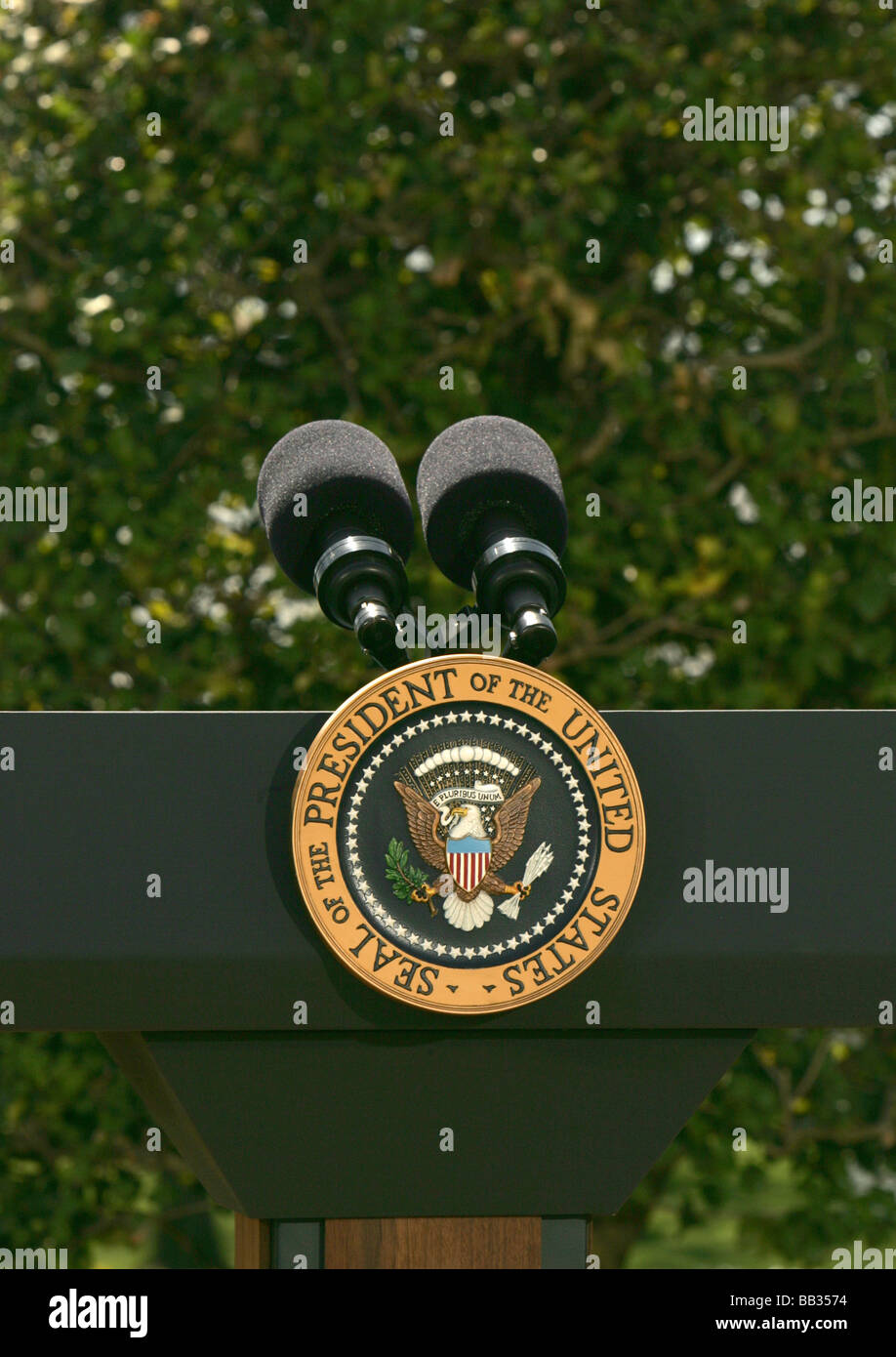 The Presidential seal and podium photographed in the Kennedy Garden of the White House on March 20,2008. Stock Photo