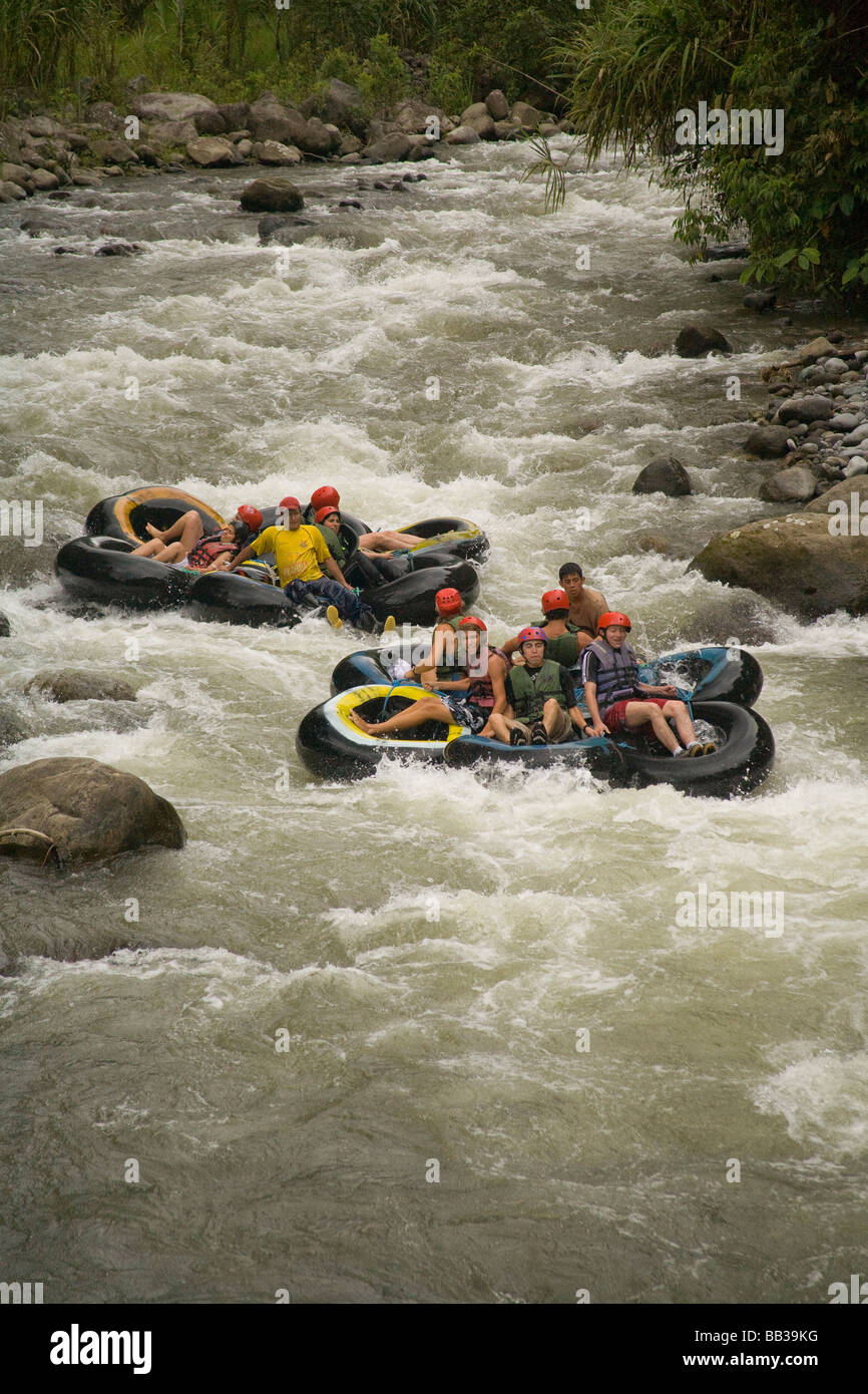 South America, Ecuador, Mindo. Regattas of tubes tied together for