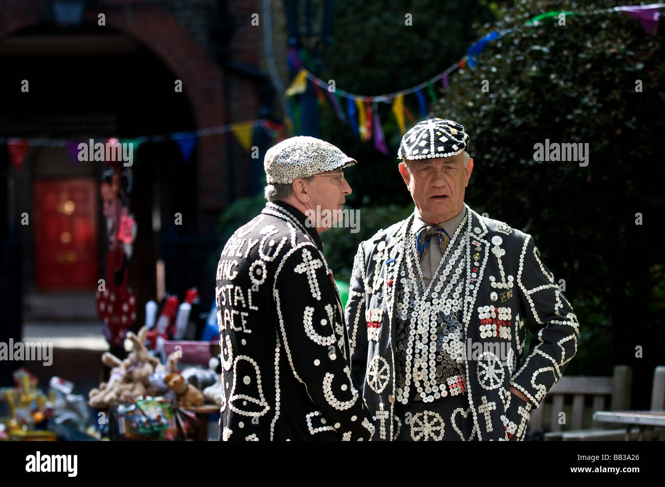 The Pearly King of Highgate talking to the Pearly King of Crystal Palace in London.  Photo by Gordon Scammell Stock Photo