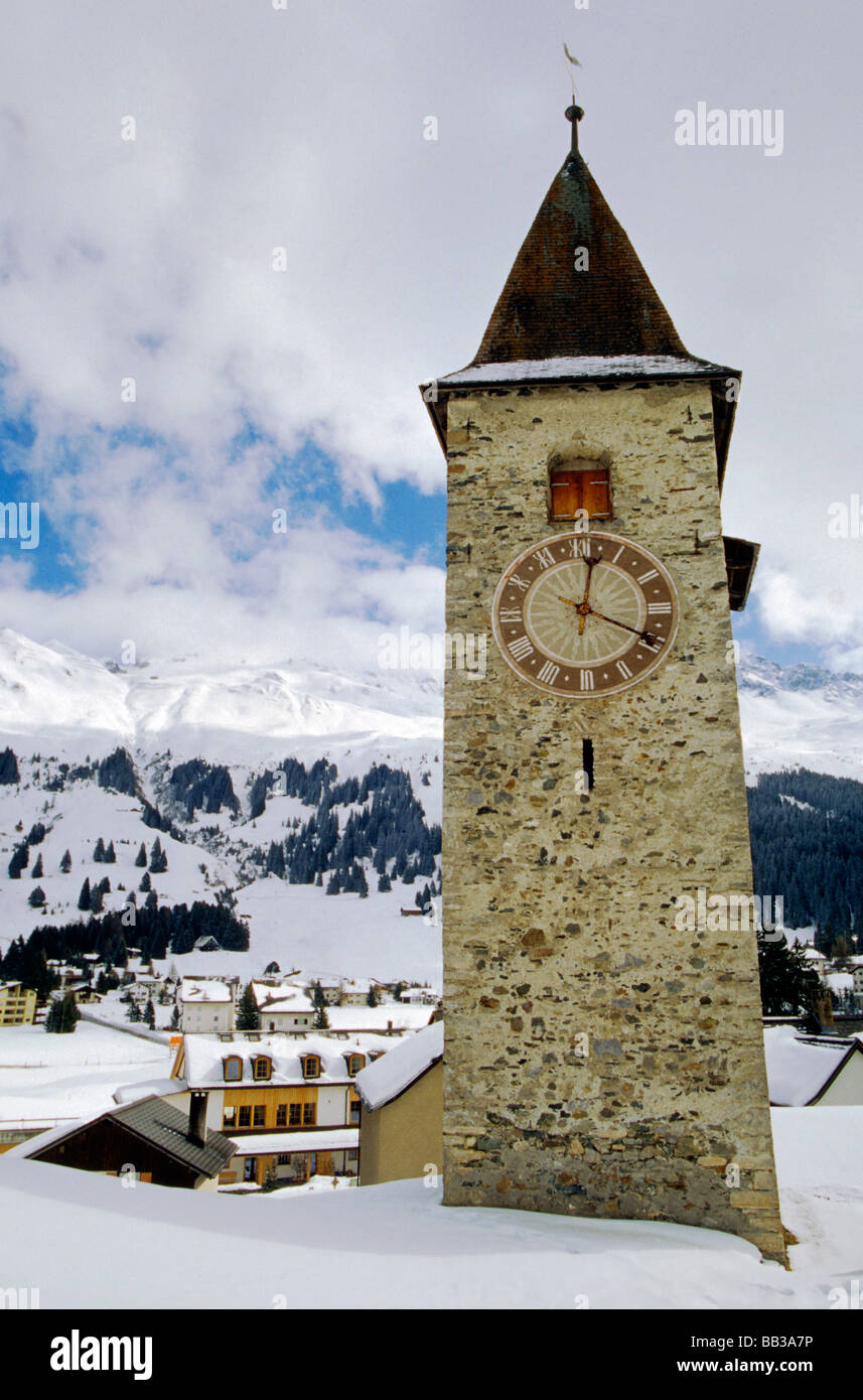 Clock tower of church at village of Parpan near Lenzerheide Pass at Grisons Alps in Graubunden canton Switzerland Stock Photo