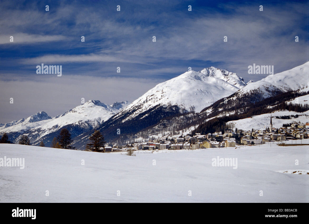 Town of Zuoz at Ober Engadin valley in Rhaetian Alps Graubunden canton Switzerland Stock Photo