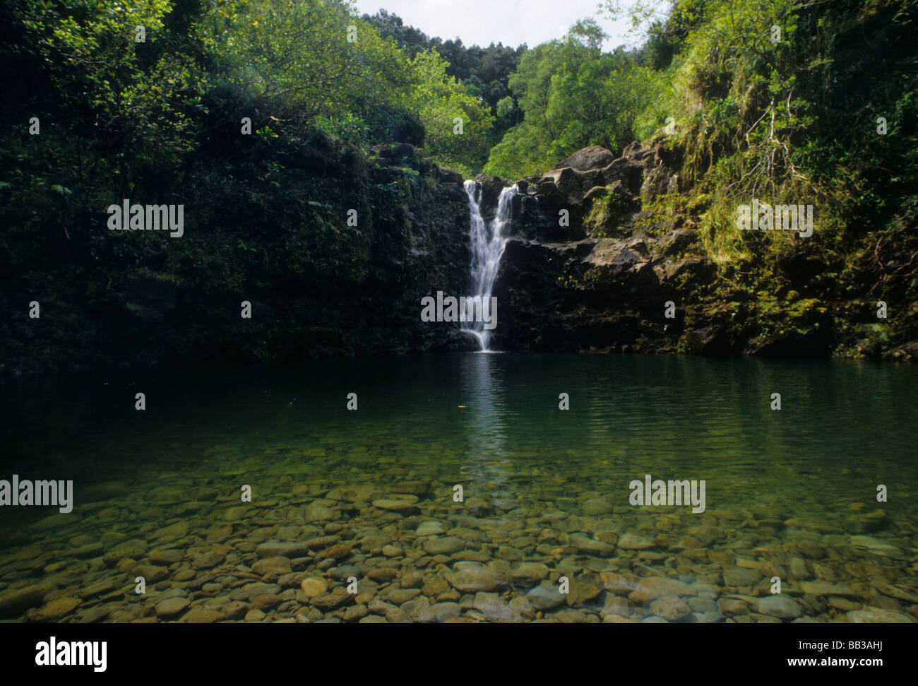 Waterfall and pool along the Hana Highway in Maui, Hawaii Stock Photo