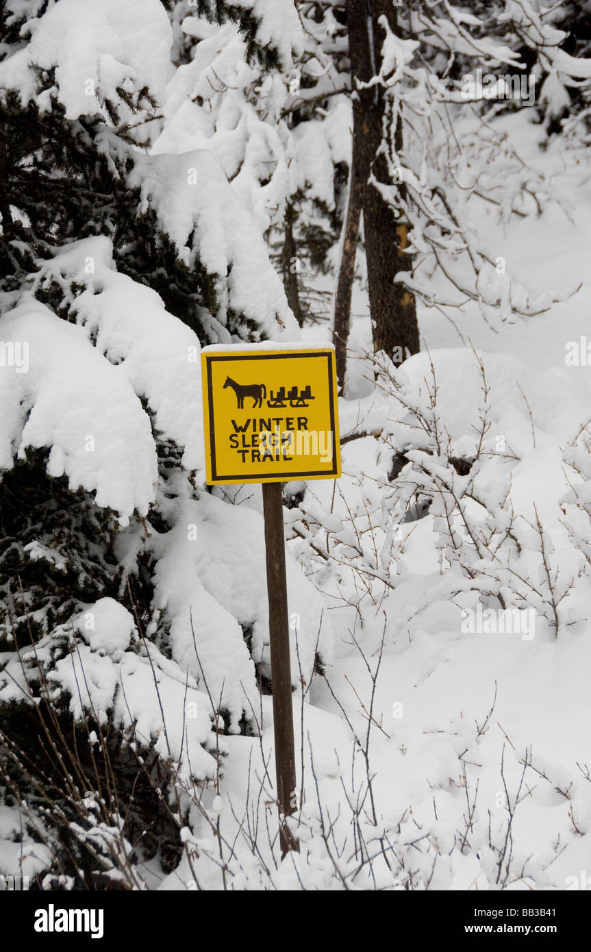 Canada, Alberta, Lake Louise. Farimont Chateau Lake Louise, winter sleigh ride sign. Stock Photo