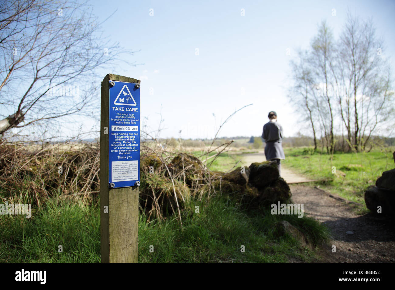 Ground nesting birds protection sign asking owners to keep dogs under control, Mugdock Country Park, Scotland, UK Stock Photo