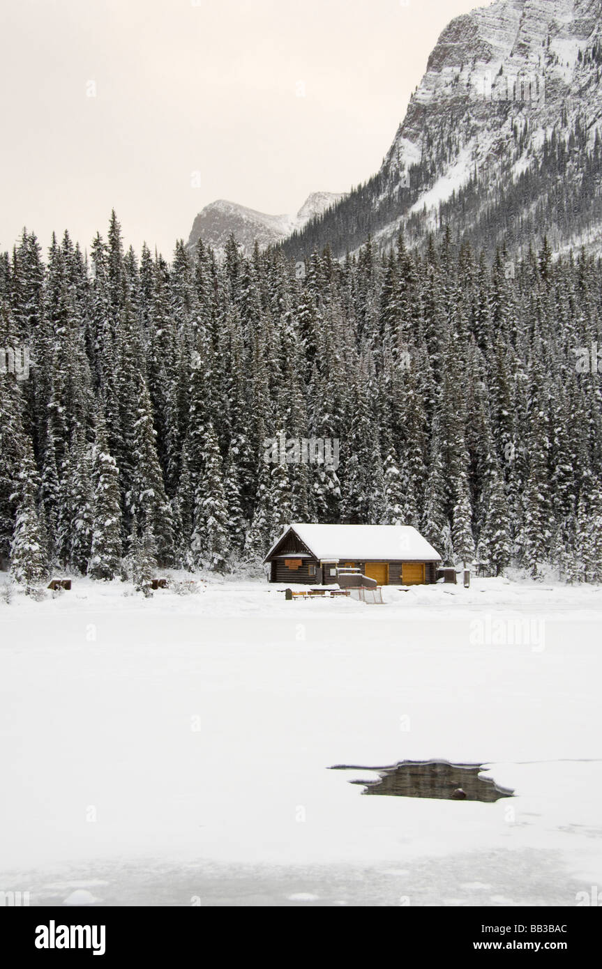 Cabin at lake louise winter snow banff national park hi-res stock ...